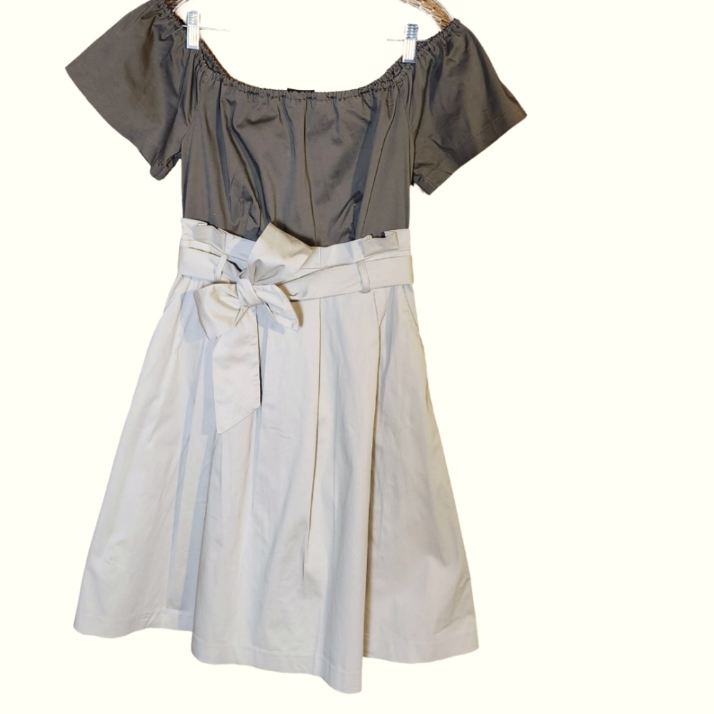2 tone khaki dress by Eva Mendes NY & company. Size M, worn off/on shoulder.